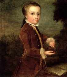 Portræt af Wolfgang Amadeus Mozart (1756-91) på otte år, med en fuglerede, 1764-65